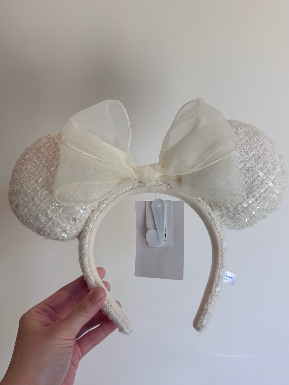 Tokyo Disney - Sparkly Ivory Minnie Ears Headband with Sheer Bow